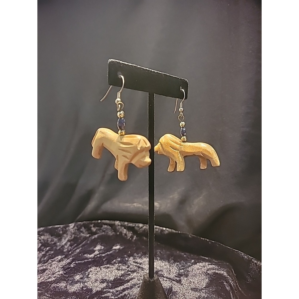 Vintage Womens Pierced Earrings Hook Lion Wooden Carved Jewelry Costume